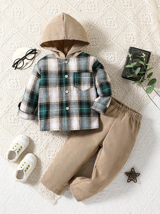 Baby Boys Plaid Hooded Pullover Top Pants Suit