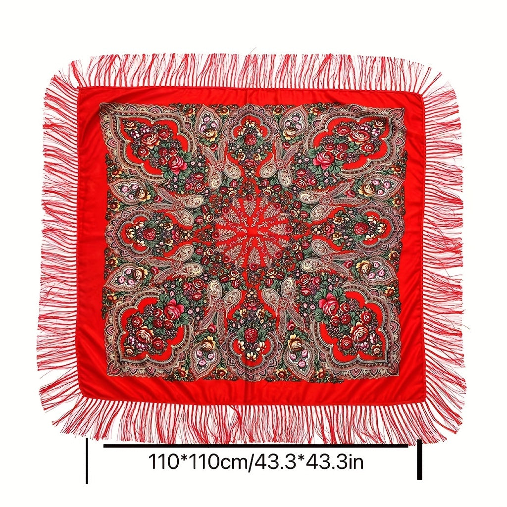 Bohemian Flower Print Square Scarf Vintage Warm Cape Women's Cardigan Wrap