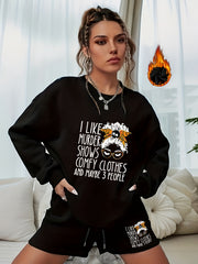  2pcs Set Women's Plus Letter & Graphic Print Sweatshirt & Shorts