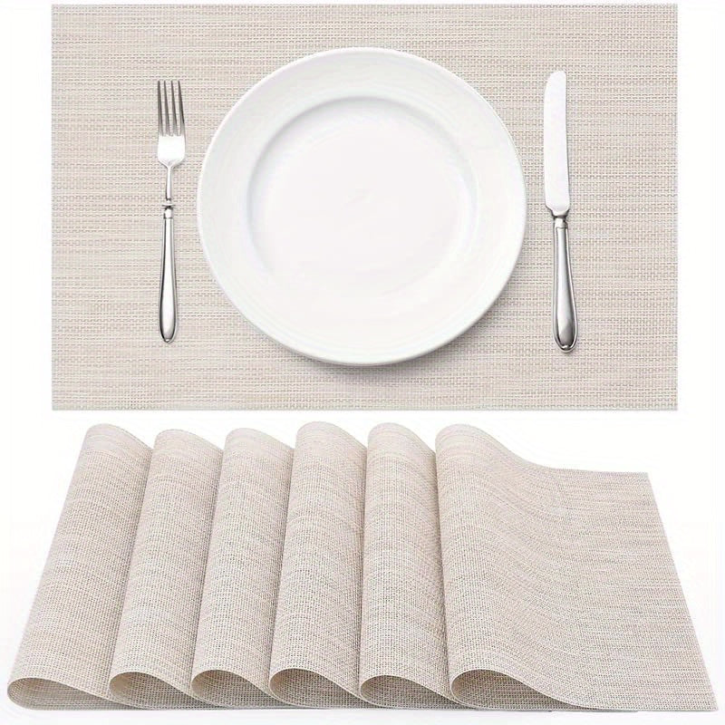 6pcs Vinyl Woven Placemats Beige Heat Resistant Kitchen Dinners Indoor Outdo