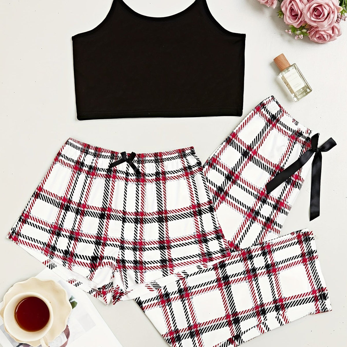 Plaid Print 3-Piece Sleep Set: Cami Top, Bow Shorts, Lounge Pants