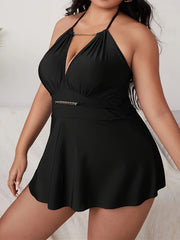  Chain Linked Halter Skirted One Piece Bathing Suit
