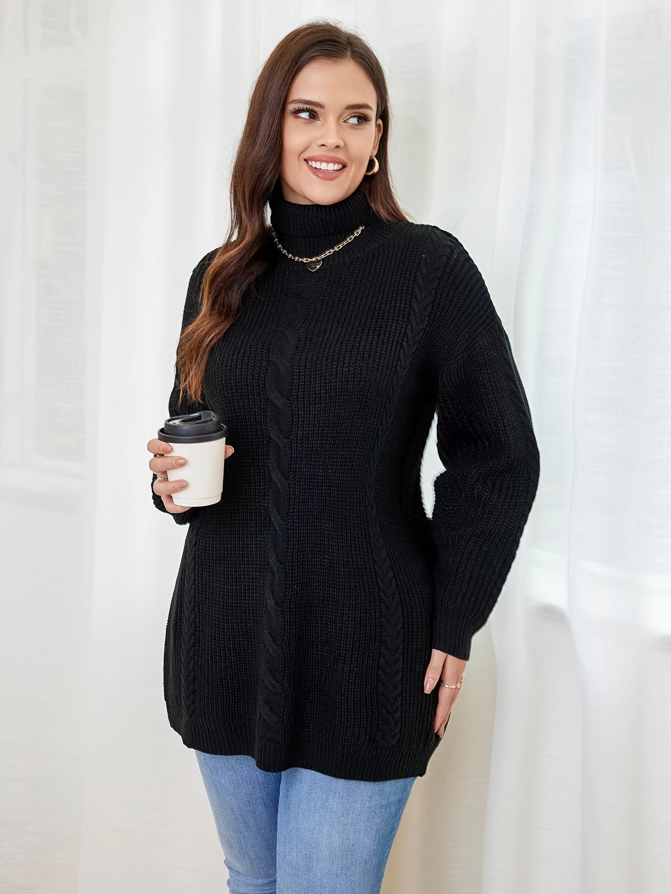  Solid Cable Long Sleeve Turtle Neck Sweater
