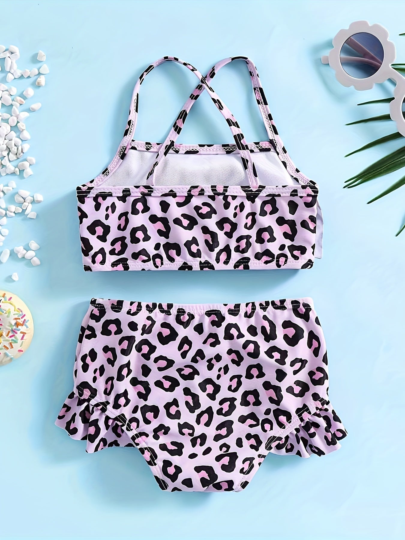 Leopard Print 2pcs Swimsuit Set For Girls Comfy Bathing Suit