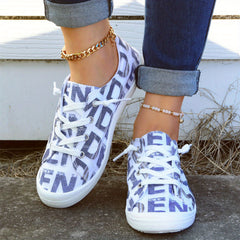 Women's Letter Print Canvas Shoes Low Top Lace Up Round Toe Casual Shoes