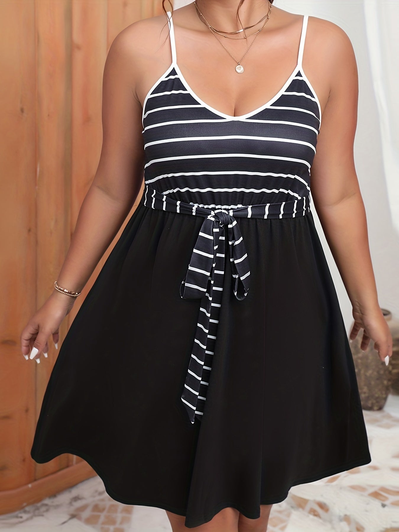  Pin Stripe Print V Neck Midi Dress