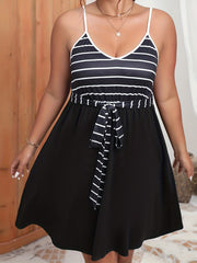  Pin Stripe Print V Neck Midi Dress