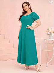  Solid Bubble Sleeve Sweetheart Neck Dress