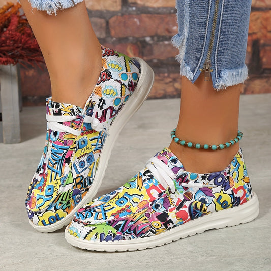 Women's Colorful Graffiti Pattern Low Lace Up Canvas Shoes