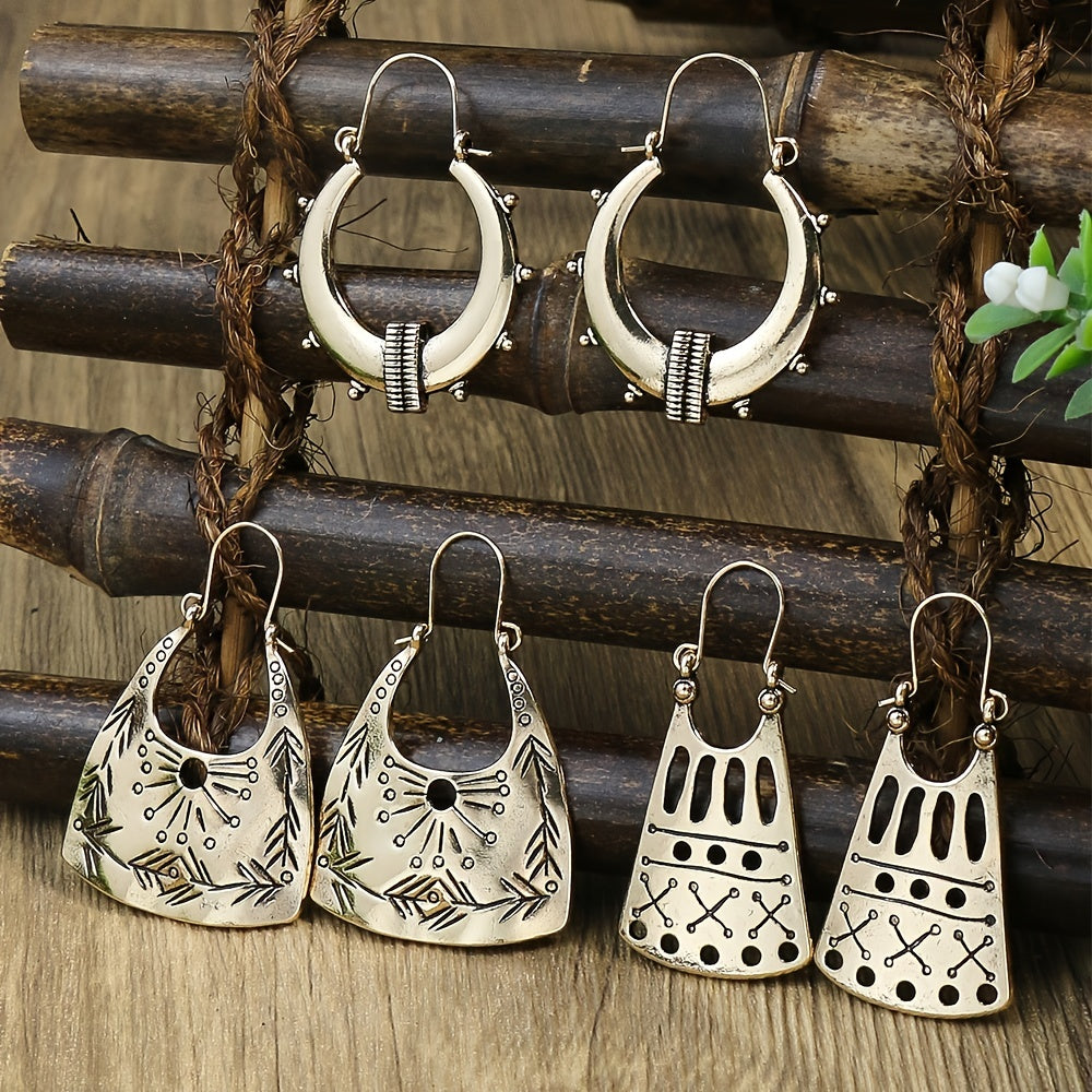 Vintage Ancient Silver U Shaped Earrings Women's Boho Hollow Dangle Earrings