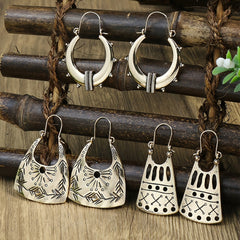 Vintage Ancient Silver U Shaped Earrings Women's Boho Hollow Dangle Earrings