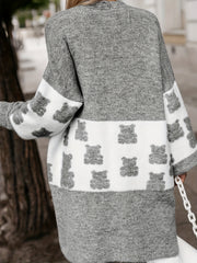  Bear Pattern Long Sleeve Open Front Medium Stretch Cardigan