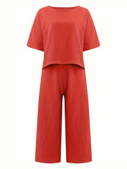 Two Piece Set Crew Neck T Shirt & Wide Leg Pants