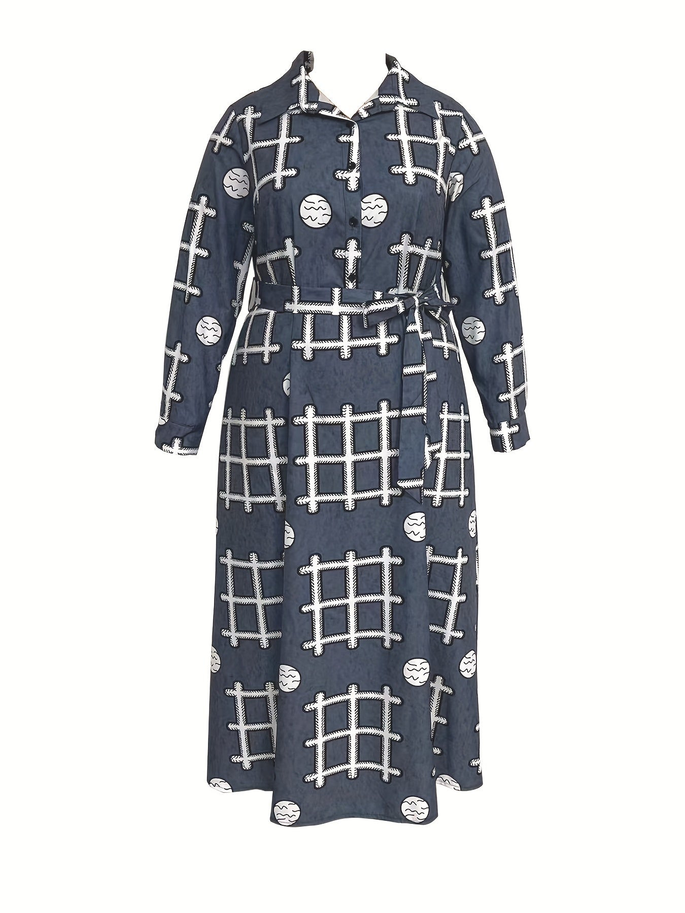 Geometric Print Long Sleeve Belted Dress