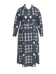 Geometric Print Long Sleeve Belted Dress
