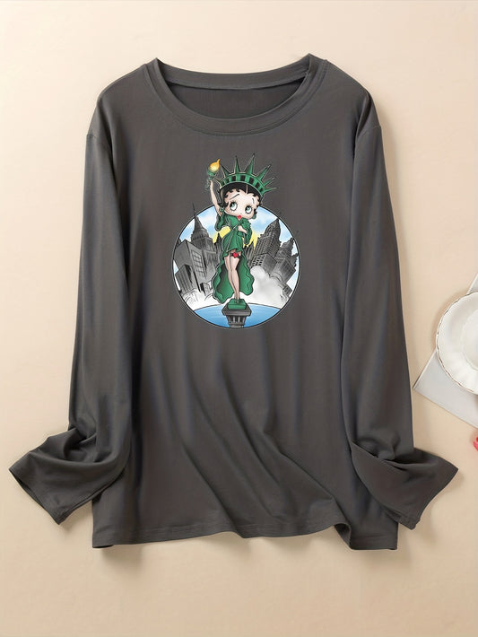  Cartoon Figure Print Long Sleeve Round Neck T-shirt