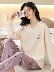 Bunny Print Pajama Set Long Sleeve Top & Pants Women's Sleepwear