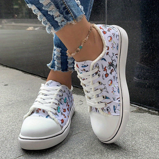 Women's Cartoon Canvas Lace Up Flat Shoes