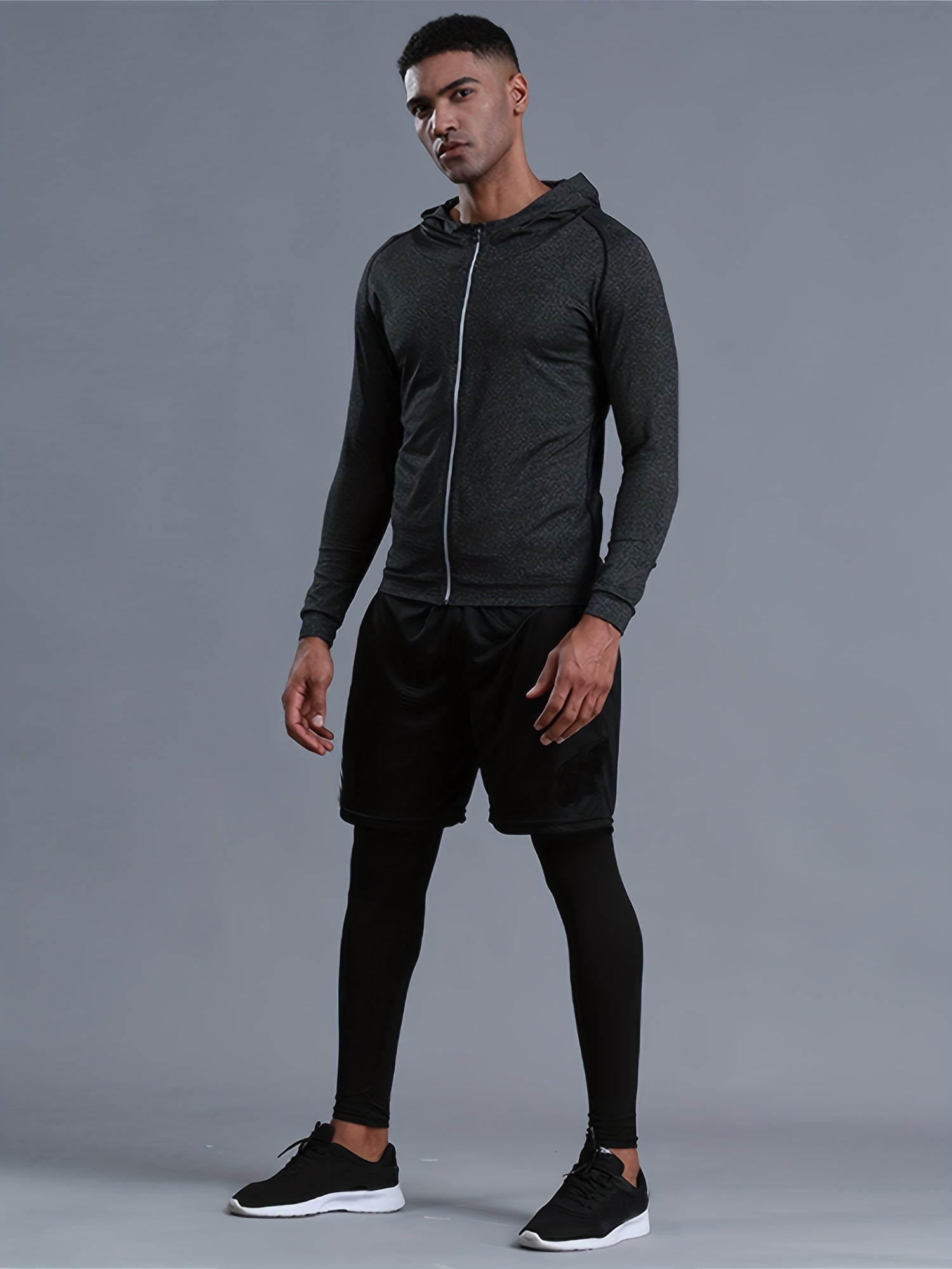 5 Pc Men's Quick Dry Gym Outfit: Jacket, Hoodie, T-shirt, Shorts, Leggings