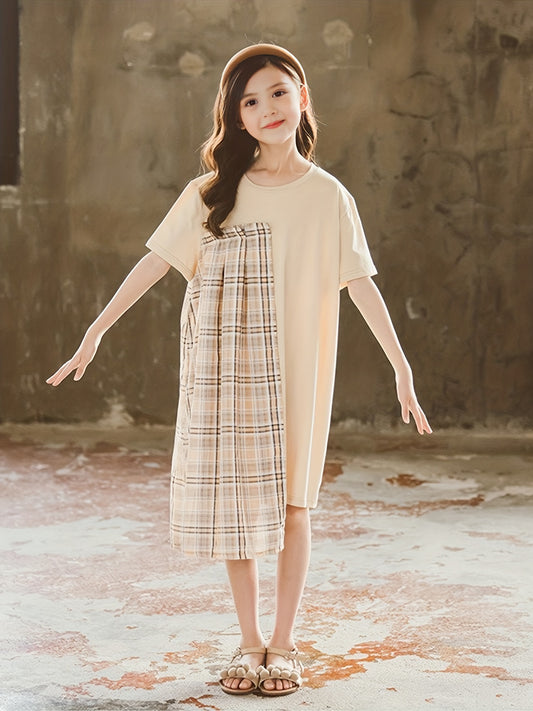 Girls' Plaid Patchwork Short Sleeve Casual Dress