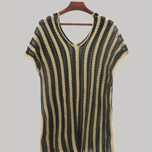 Contrast Sexy Cover Up Crochet Stripped Short Sleeve Plus Size Shirt