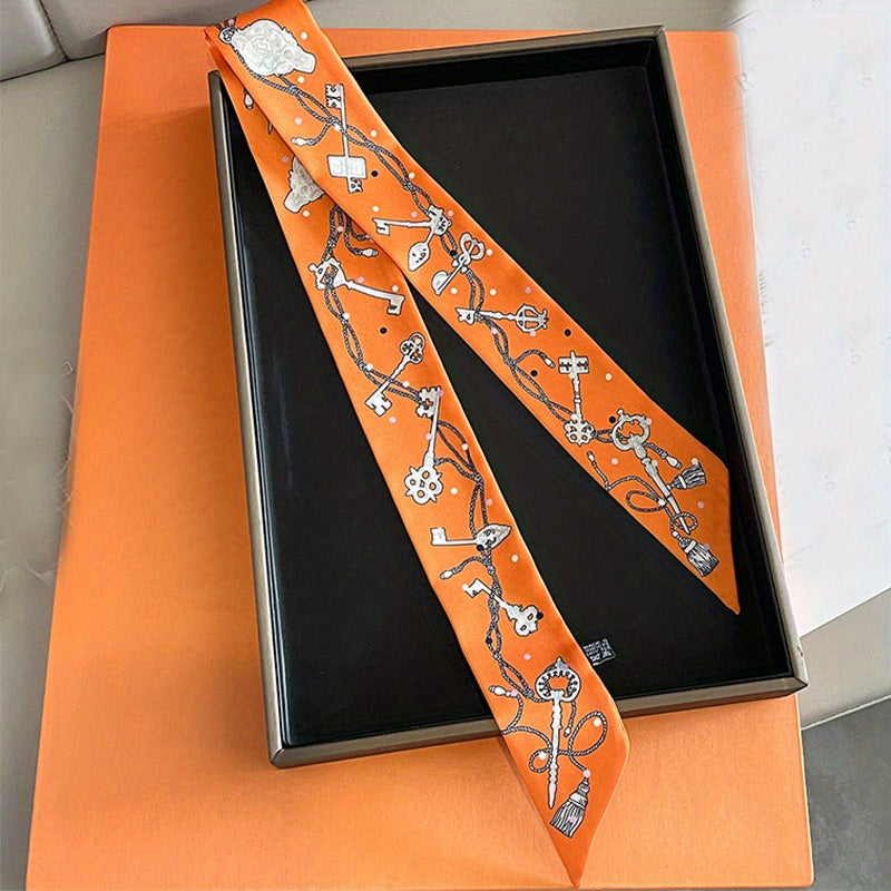 Gothic Chain Print Skinny Scarf Key Tassel Pattern Ribbon Neck Tie