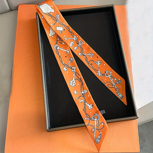 Gothic Chain Print Skinny Scarf Key Tassel Pattern Ribbon Neck Tie