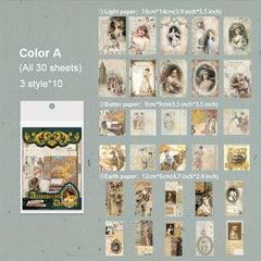 30 Vintage Patterned Art Supplies for Scrapbooking DIY, Washi Stickers