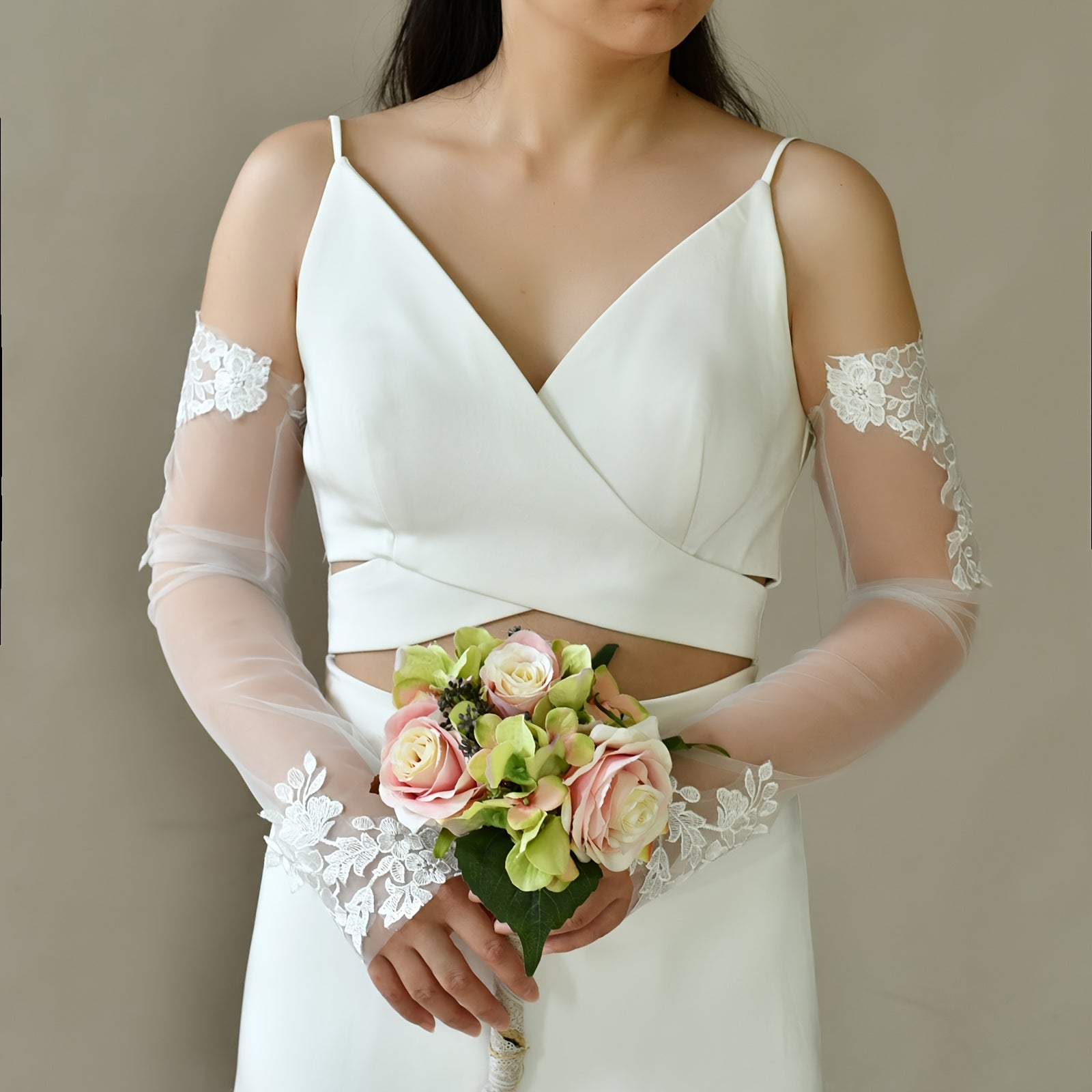 Bride Wedding Arm Sleeve Long Floral Sheer Cuff for Brides Formal Events