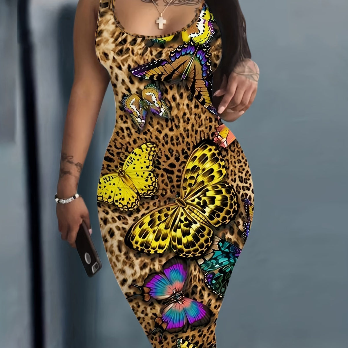 Leopard & Butterfly Print Round Neck Midi Tank Dress