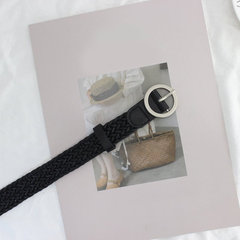 Women's Braided Belt Round Buckle Student Female Silver Buckle