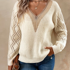 V Neck Guipure Lace Knit Sweater Long Sleeve Casual Top