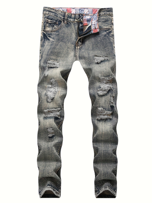 Vintage Slim Fit Ripped Jeans Mens Street Style Distressed Denim Pants