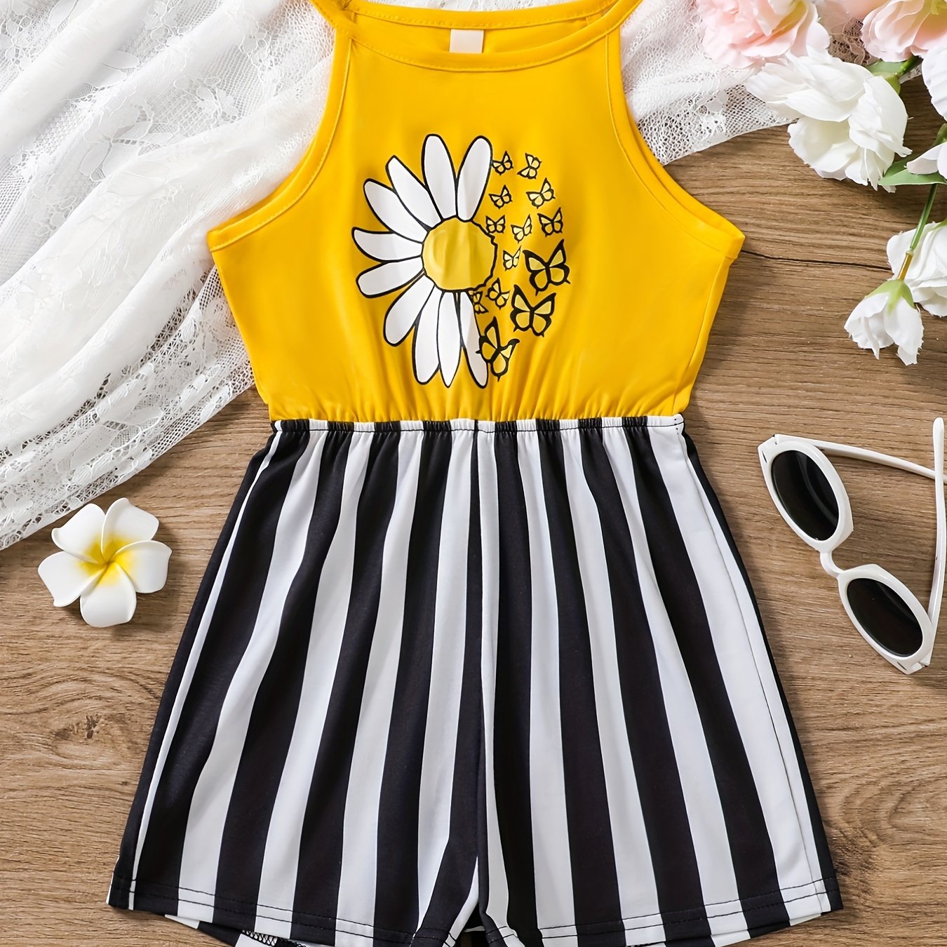 Girls Daisy & Butterfly Striped Halter Rompers for Beach Vacation