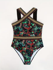  Floral Print Halter One Piece Bathing Suit