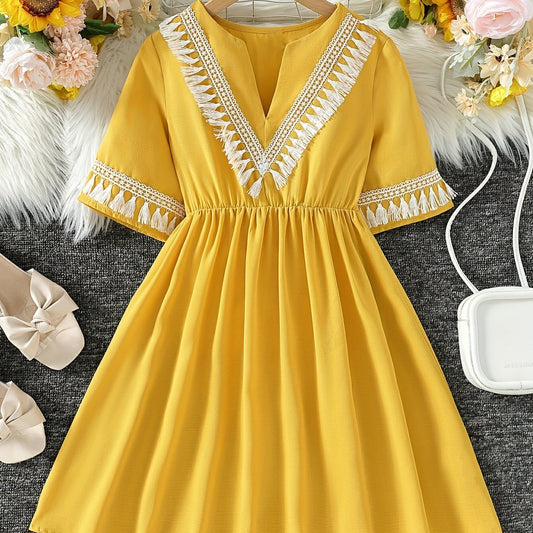 Girls Tassel V-neck Short Sleeve Dress For Party Going Out Beach Holiday