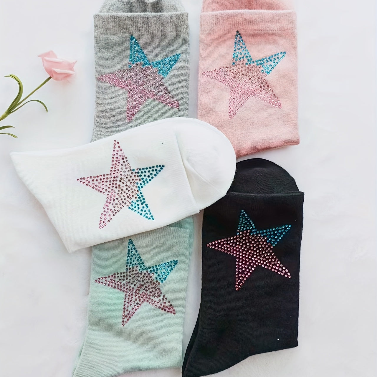 Star Rhinestone Decor Mid Tube Socks