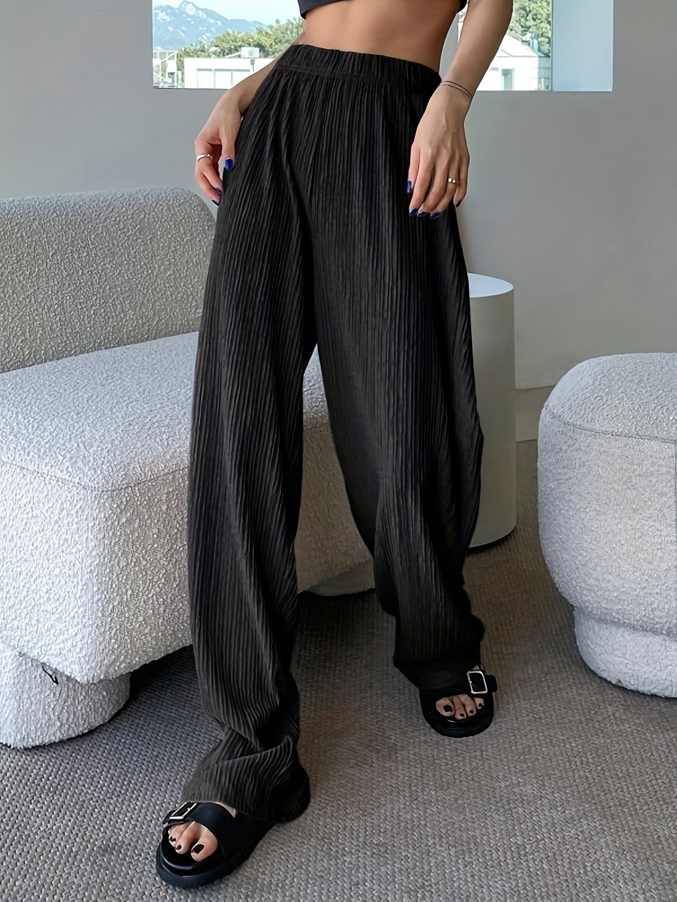  Ribbed High Rise Wide Leg Trousers