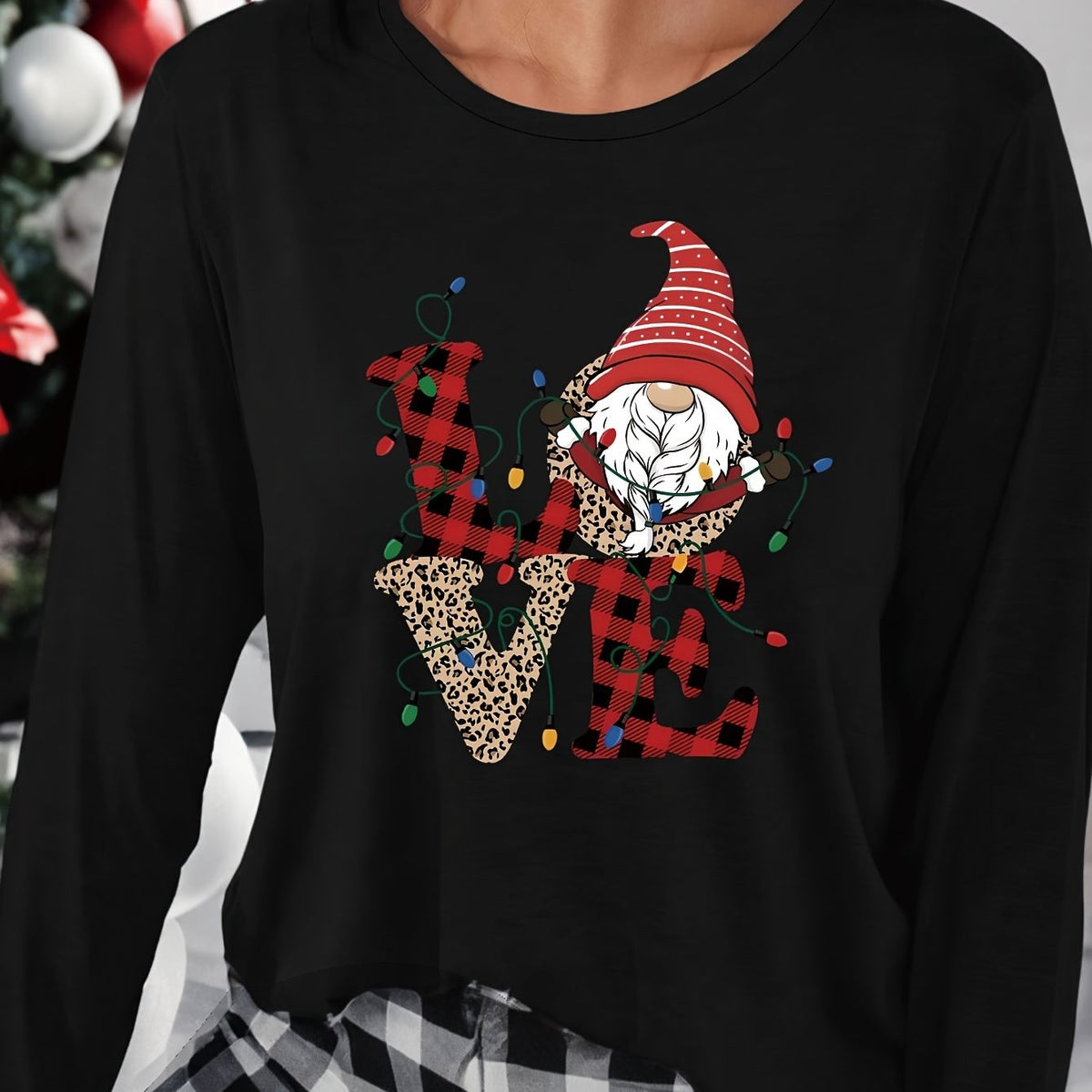 Christmas Hat Print Lounge Top Long Sleeve Crew Neck Women's Loungewear