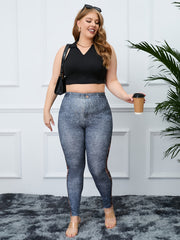  Lace Flower & Denim Print High Rise Skinny Leggings Women's Plus