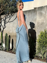 Solid Draped Spaghetti Dress Backless Sleeveless Summer Dress