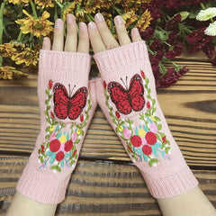 Red Bow Woolen Gloves Arm Warmer Butterfly Long Warm Knitted Gloves