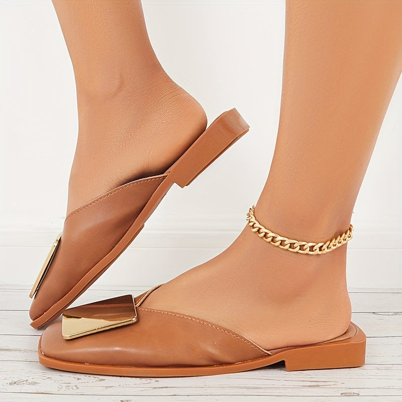 Women's Square Toe Flat Mules Square Metal Decor Closed Toe Slide Shoes