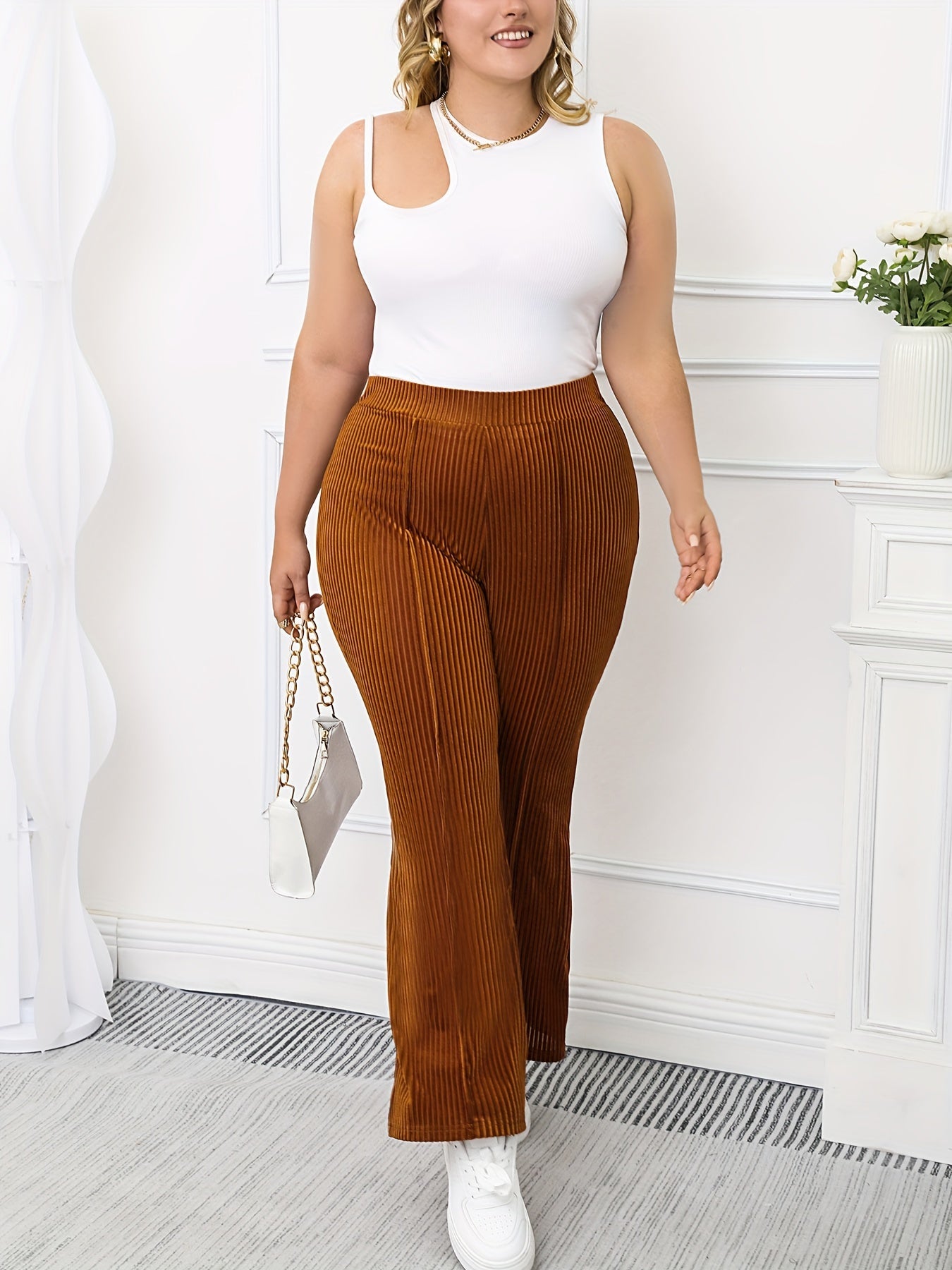  Velvet Ribbed High Rise Flared Leg Trousers
