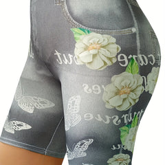  Denim & Floral Print High Rise Skinny Shorts