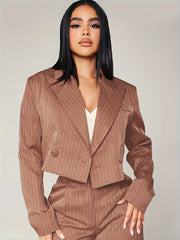  Women's Stripe Print Long Sleeve Lapel Collar Blazer