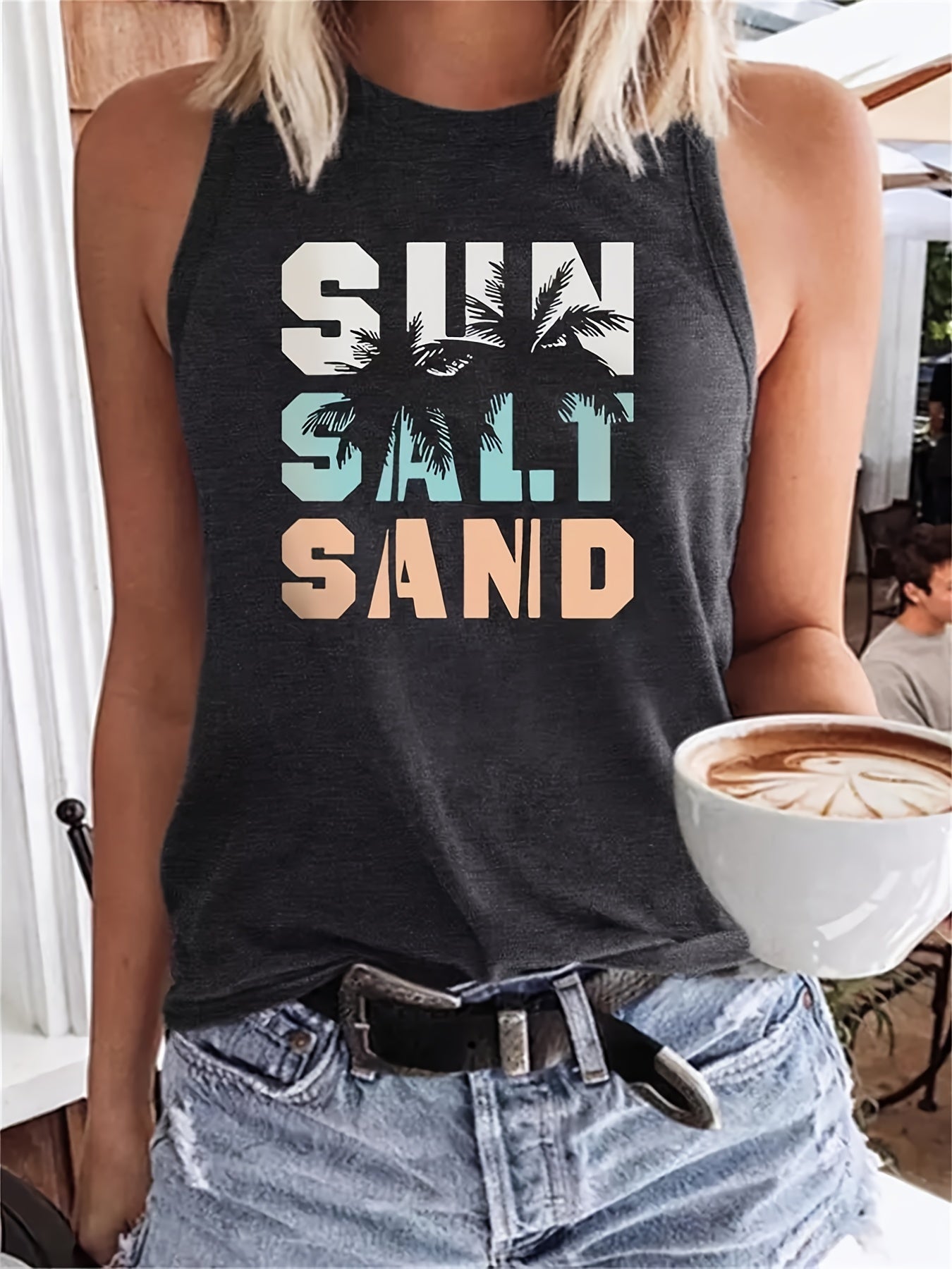 Sun Salt Sand Print Tank Top Sleeveless Crew Neck Beach Tank