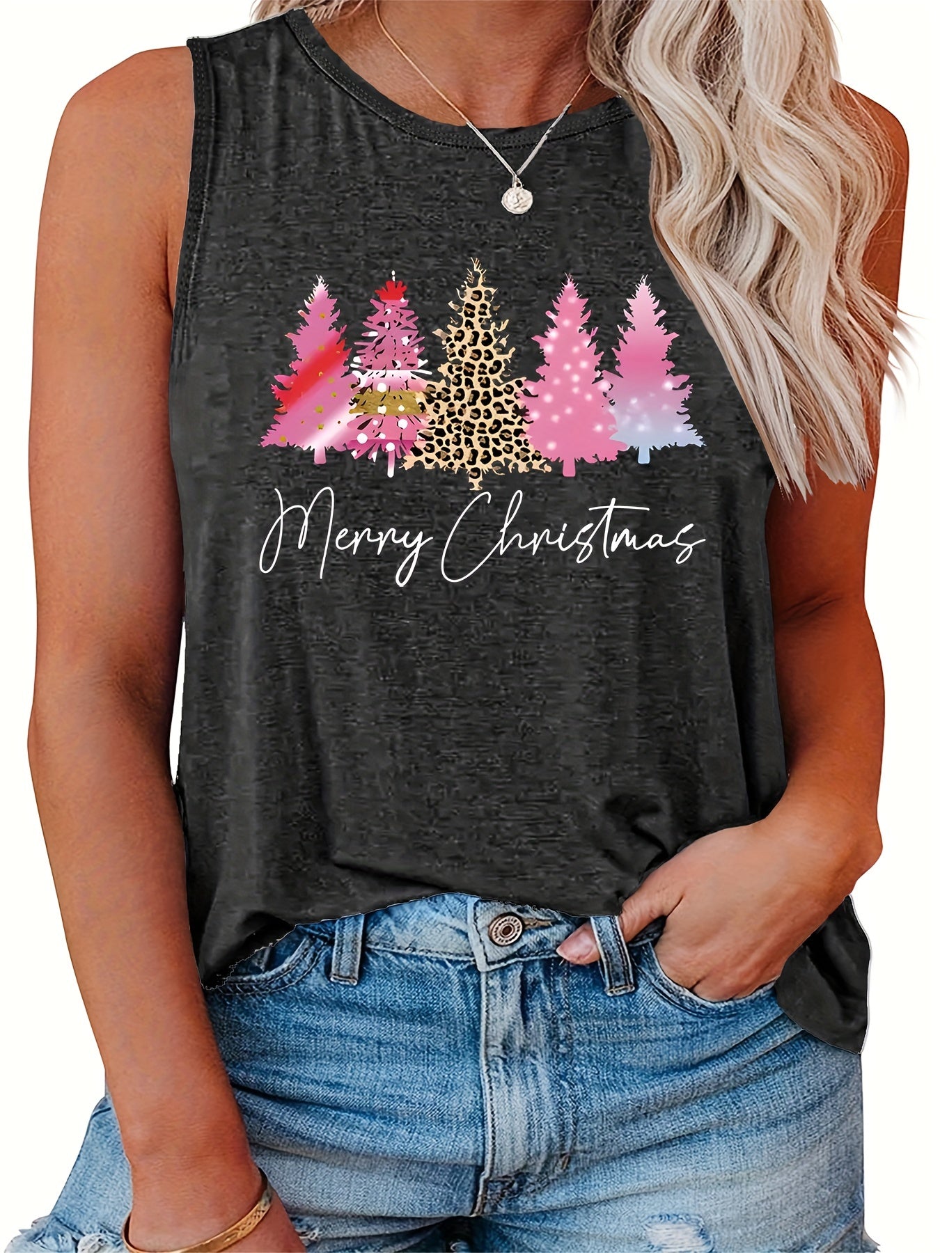  Leopard Plaid Christmas Print Tank Top