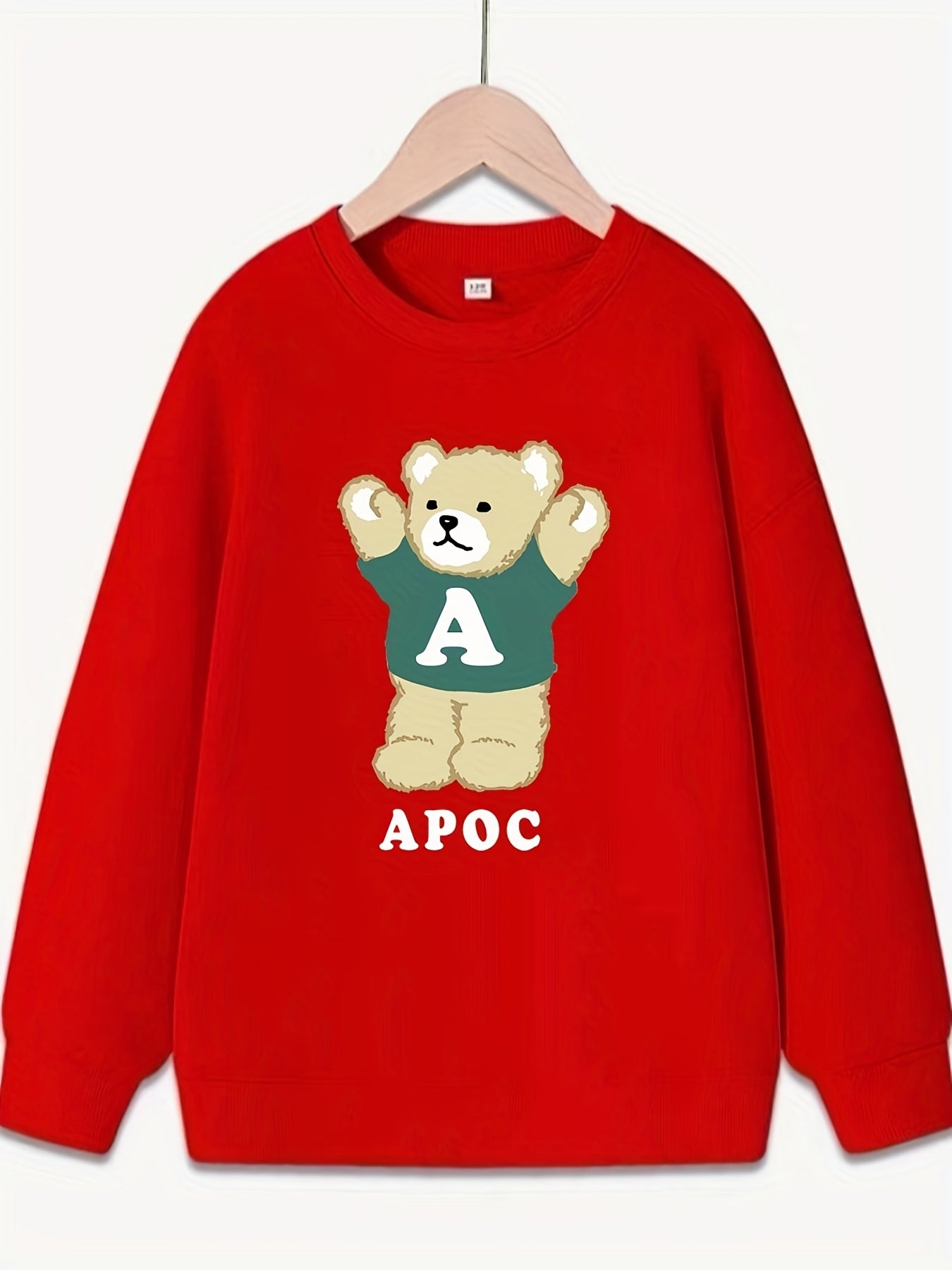 Bear Pattern Round Neck Sweatshirt For Girls Long Sleeve Top Pullovers