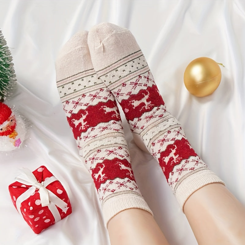 Christmas Elk Print Socks 5 Pairs Comfy & Mid Tube Women's Stockings